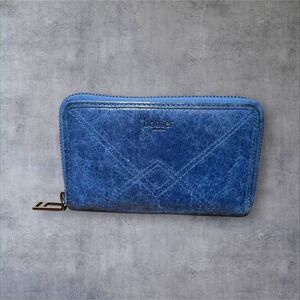 Botkier Zip Around Wallet Womens Blue Excellent Distressed Leather Chevron